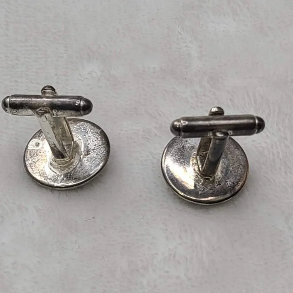 Vintage Houndstooth Pattern Round Cufflinks Black White Silver Tone - Picture 5 of 8